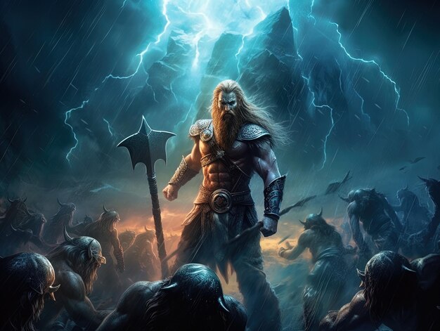 Foto uma pintura de um homem com uma espada e uma tempestade no fundo