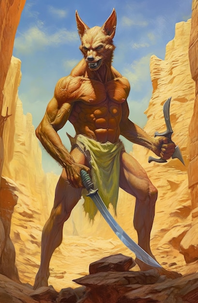 Uma pintura de um homem com uma grande espada na mão.