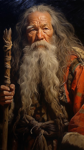 Uma pintura de um homem com uma longa barba branca e uma longa barba branca