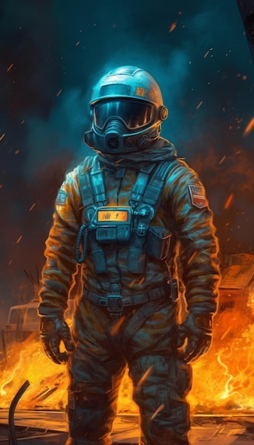Uma pintura de um homem com uma máscara de gás com as palavras 'fogo'