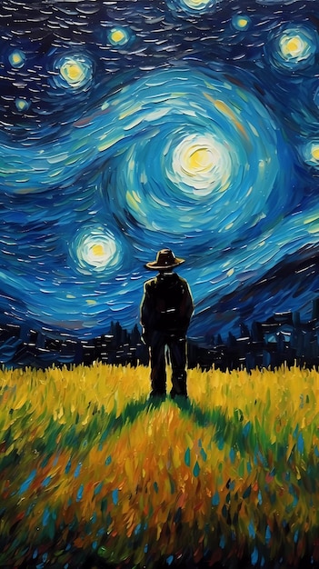 Uma pintura de um homem de chapéu olhando para o céu estrelado.