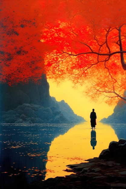Foto uma pintura de um homem de pé em frente a um rio com um pôr-do-sol vermelho no fundo