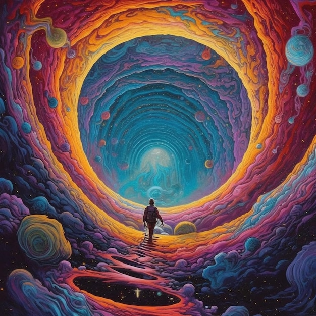 Uma pintura de um homem de pé em um túnel escuro com um fundo de céu generativo ai