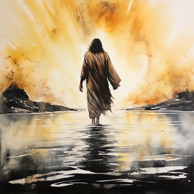 Foto uma pintura de um homem de pé na água com o sol brilhando atrás dele