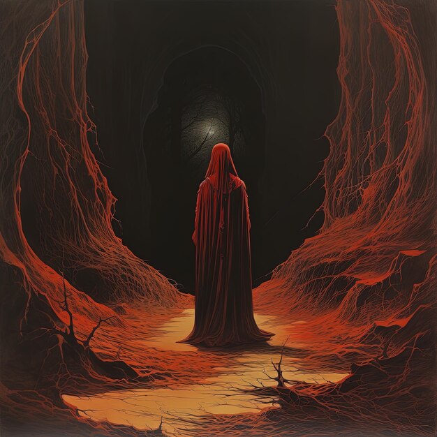 uma pintura de um homem de roupa vermelha está em uma sala escura