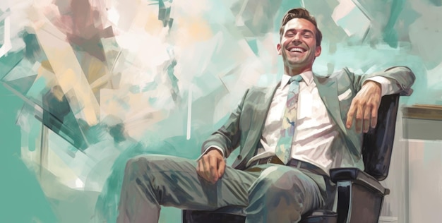 Uma pintura de um homem de terno e gravata sorrindo.