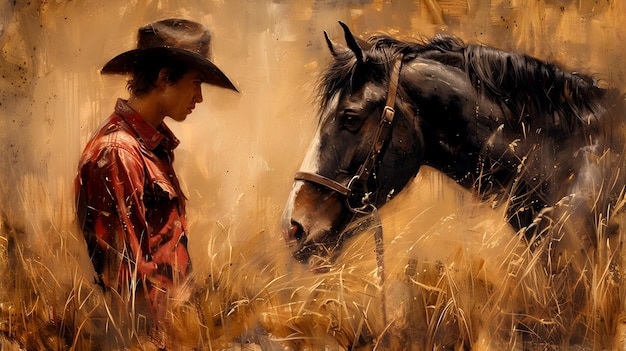 Uma pintura de um homem e um cavalo em um campo de grama