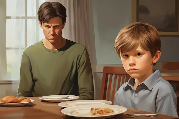 Uma pintura de um homem e um rapaz a comer comida.