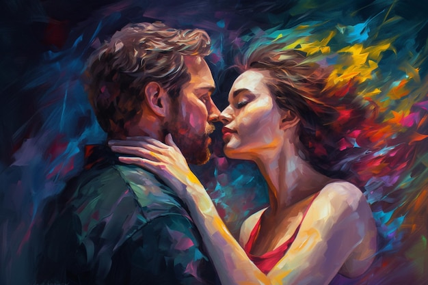 Uma pintura de um homem e uma mulher se beijando.