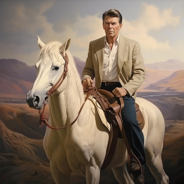 uma pintura de um homem em um cavalo com um cavalo branco no fundo.