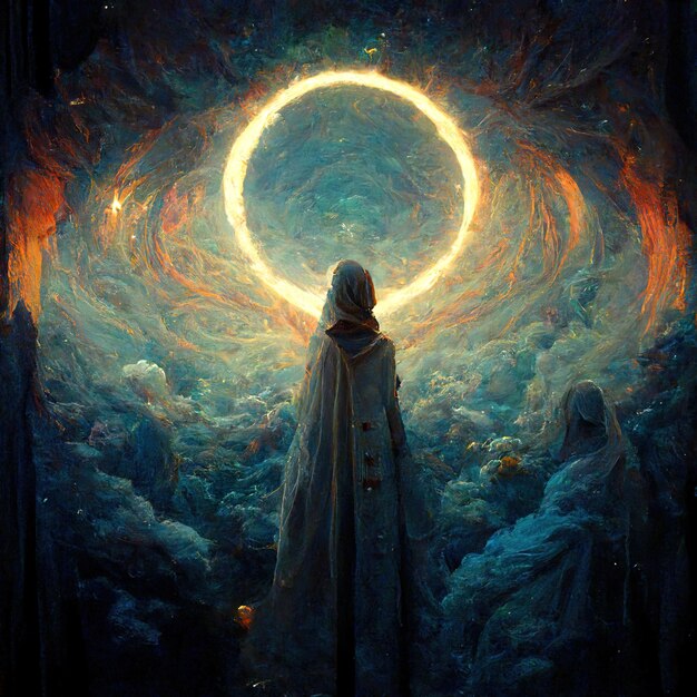 uma pintura de um homem em um manto e um círculo de luzes