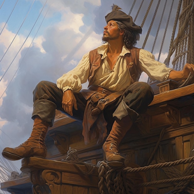 Foto uma pintura de um homem em um navio com uma vela no fundo