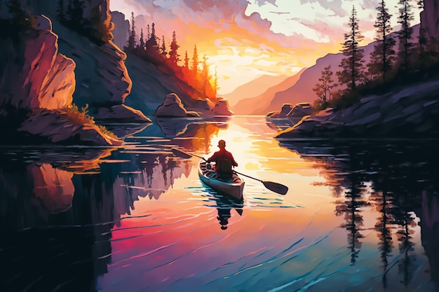 Uma pintura de um homem em uma canoa em um lago com montanhas ao fundo.