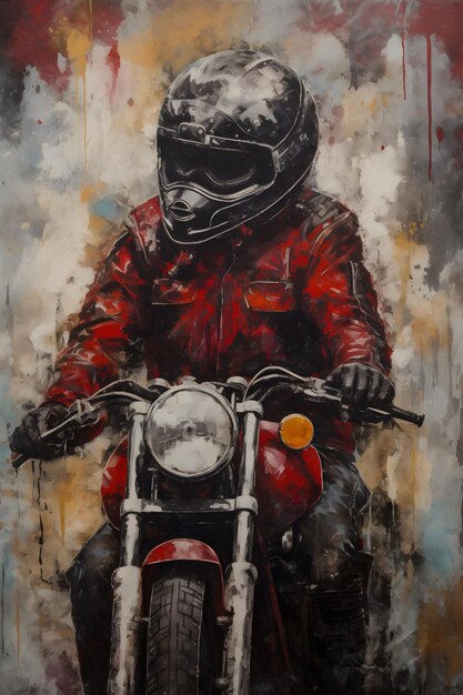 Uma pintura de um homem em uma motocicleta com um capacete.