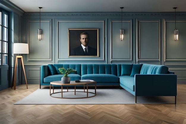 uma pintura de um homem em uma sala com um sofá azul e uma foto de um homem na parede.