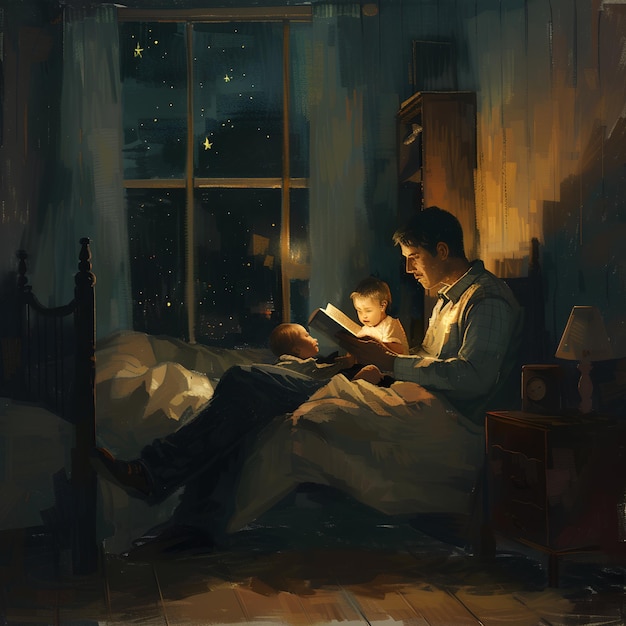 uma pintura de um homem lendo um livro com uma criança lendo um livro