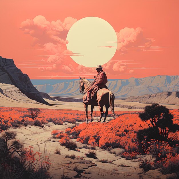 uma pintura de um homem montando um cavalo em um deserto