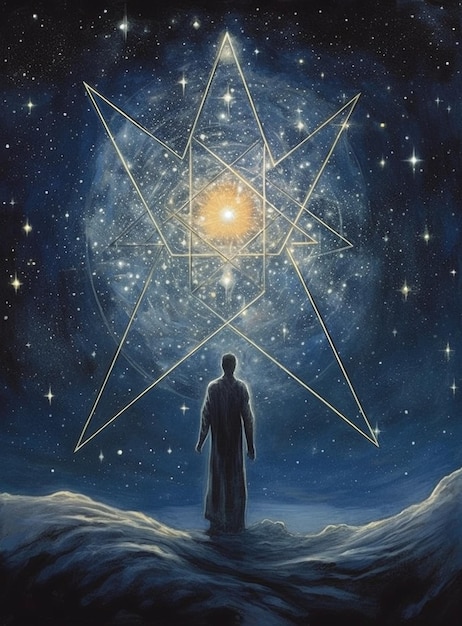 Uma pintura de um homem olhando para uma estrela que tem a palavra sol nela.