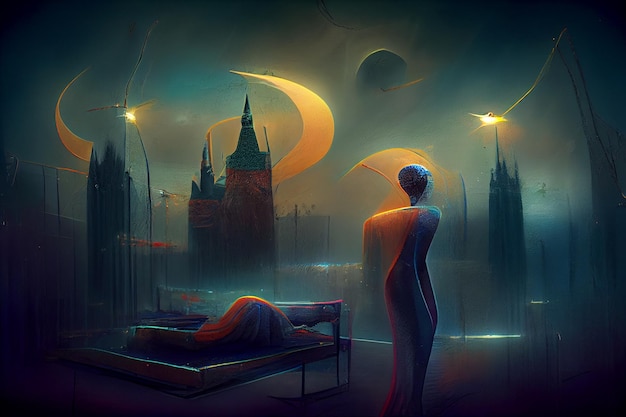 Uma pintura de um homem olhando para uma paisagem urbana com uma lua e estrelas.