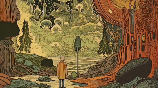 Uma pintura de um homem parado em frente a uma floresta com uma placa que diz 'o fim do mundo'
