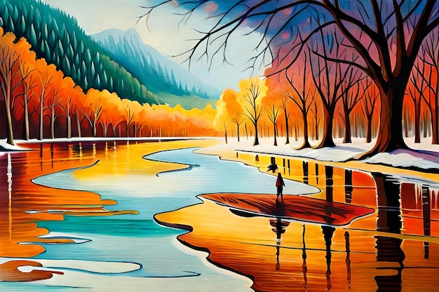 Uma pintura de um homem parado em um rio com o sol brilhando nas árvores.