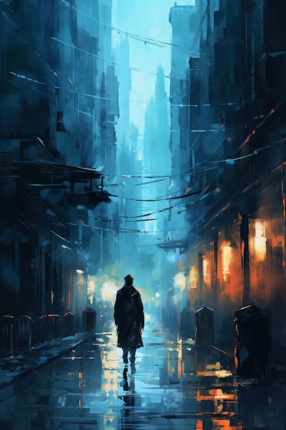 Uma pintura de um homem parado no meio de uma rua escura.
