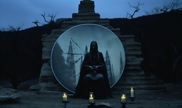 Foto uma pintura de um homem sentado na frente de um círculo com velas