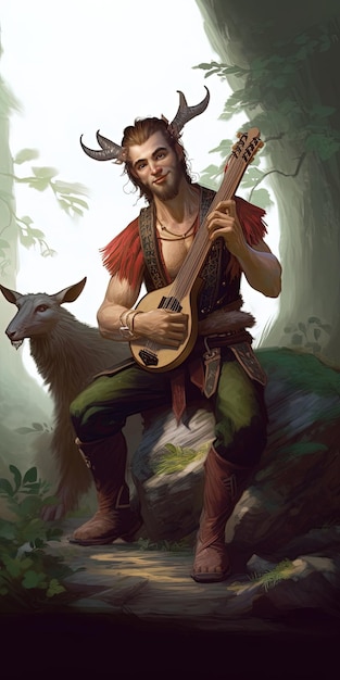 Uma pintura de um homem tocando banjo com um cervo no fundo