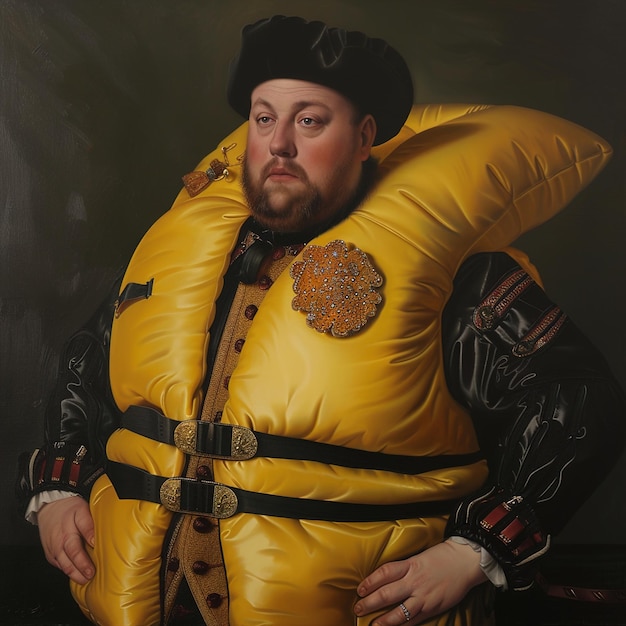 uma pintura de um homem vestindo uma capa amarela que diz que o homem está vestindo uma cobertura amarela