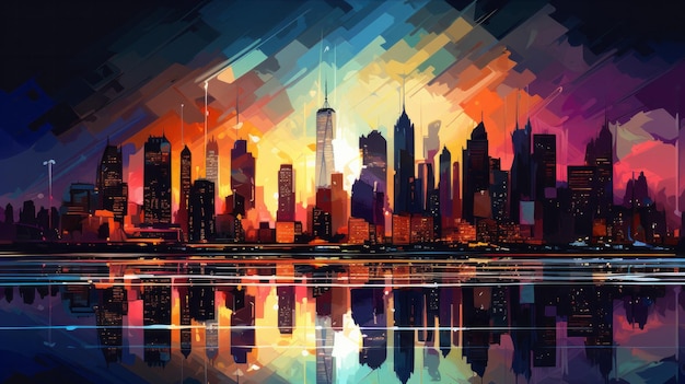 Uma pintura de um horizonte da cidade com um reflexo na água