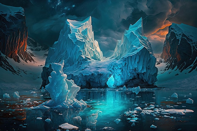 Uma pintura de um iceberg com o sol brilhando sobre ele.