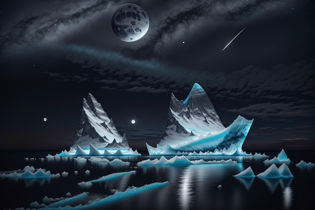 Uma pintura de um iceberg com uma lua e estrelas ao fundo.