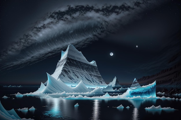 Uma pintura de um iceberg com uma lua e estrelas ao fundo