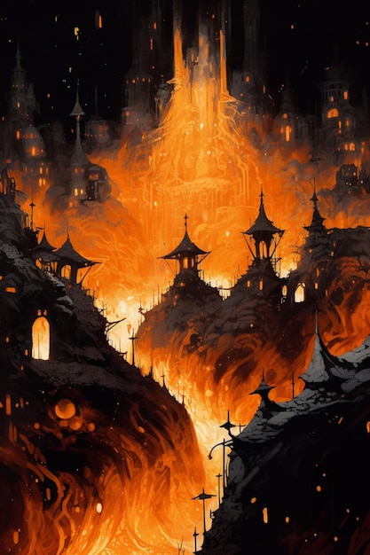 Uma pintura de um incêndio com uma cidade ao fundo.