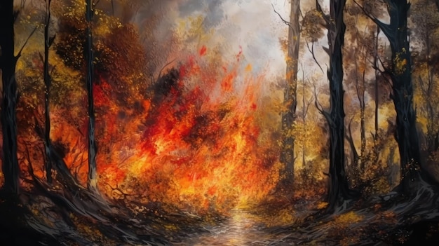 Uma pintura de um incêndio na floresta