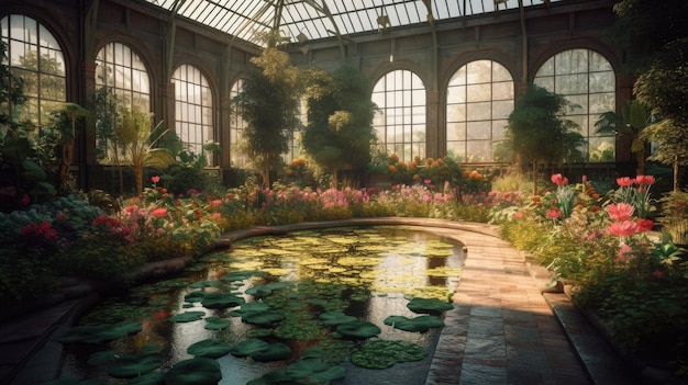 Uma pintura de um jardim com nenúfares e um lago com nenúfares.