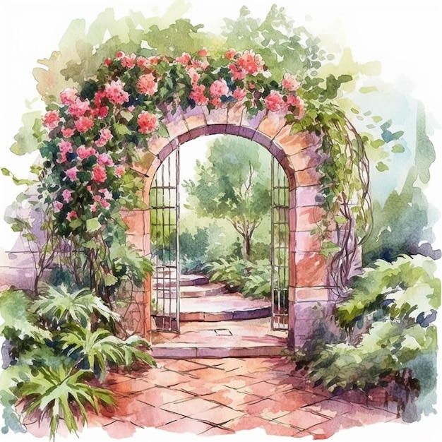 uma pintura de um jardim com portão e flores generativas ai