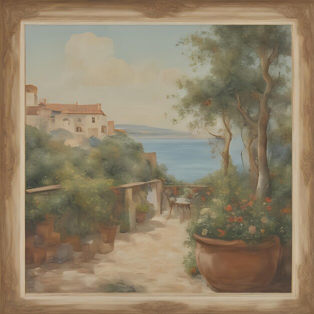 uma pintura de um jardim com uma panela de flores e uma vista da água