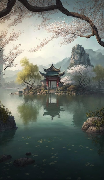 Uma pintura de um jardim de estilo chinês com um pagode no meio.