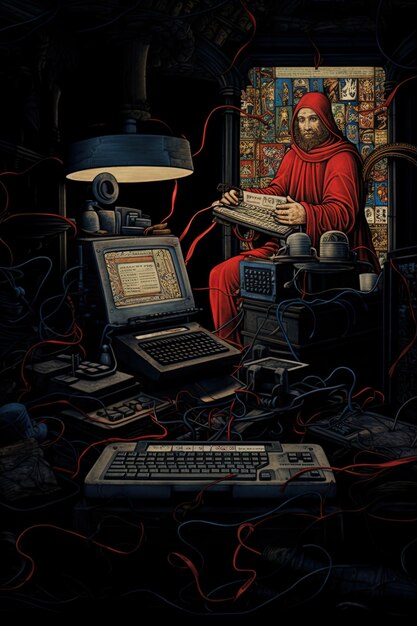 Foto uma pintura de um jesus em um computador com um teclado e um monitor