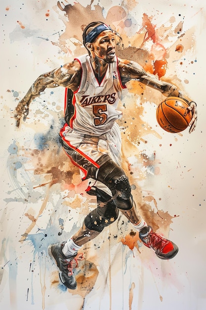 uma pintura de um jogador de basquete com o número 5 em sua camisola