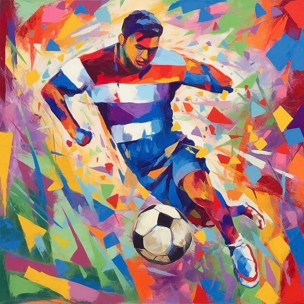 Uma pintura de um jogador de futebol chutando uma bola.