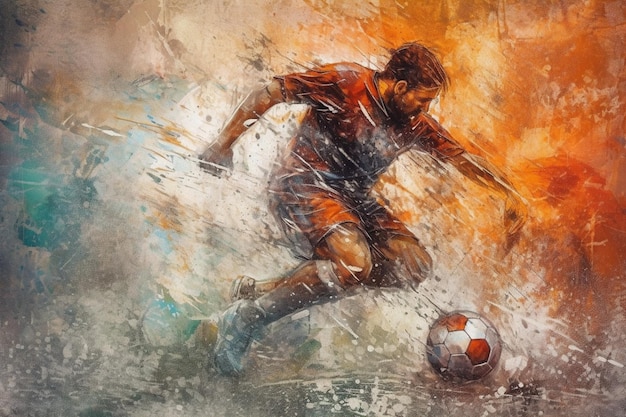 Uma pintura de um jogador de futebol chutando uma bola.