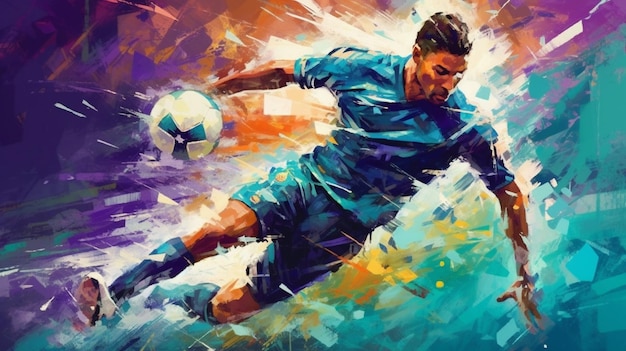 Uma pintura de um jogador de futebol em azul chutando uma bola.