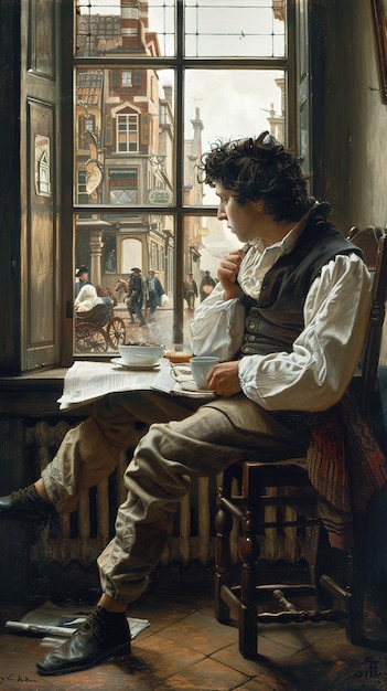Foto uma pintura de um jovem lendo um livro por um artista de pintura