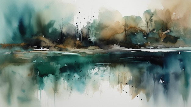 Uma pintura de um lago com árvores e as palavras "o rio".