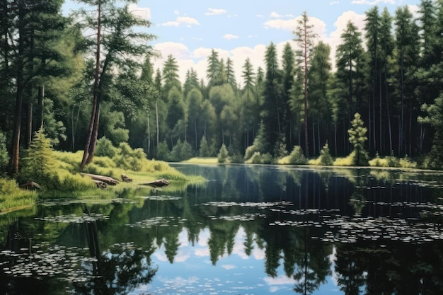 Uma pintura de um lago com árvores e um céu que diz "lago"