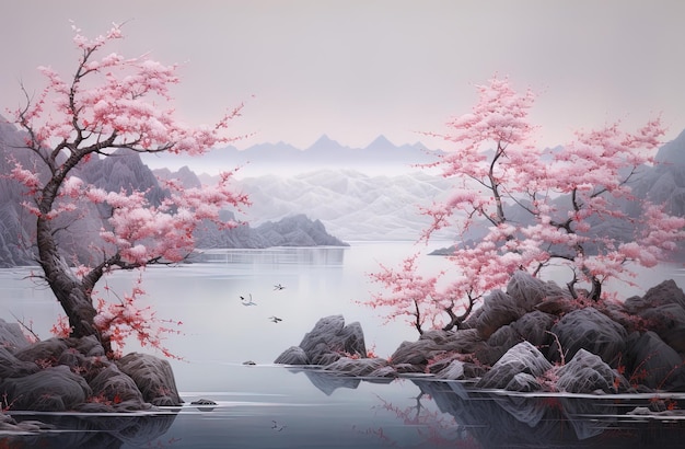 uma pintura de um lago com flores de cereja rosa