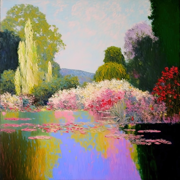 uma pintura de um lago com flores e árvores ao fundo.