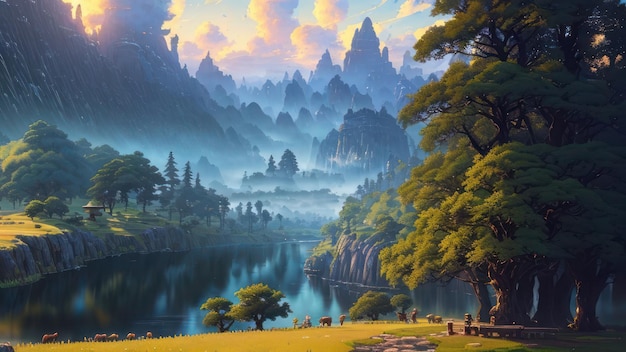 Uma pintura de um lago com montanhas ao fundo